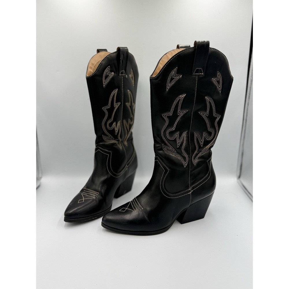 Soda Reno Western Cowboy Pull On Boots Women's Size 7.5M Black Faux Leather